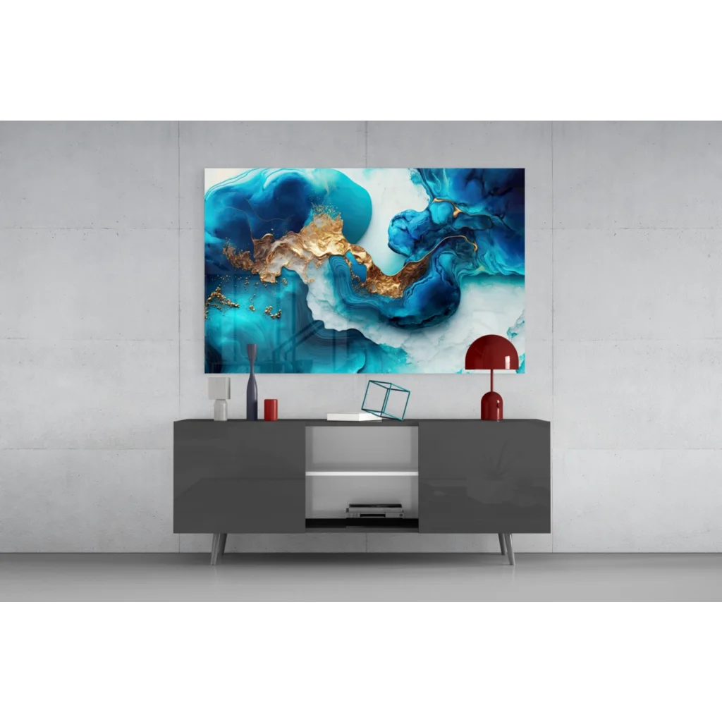 Vibrant abstract glass wall art with swirling blues, teals, and gold accents