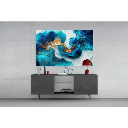 Vibrant abstract glass wall art with swirling blues, teals, and gold accents
