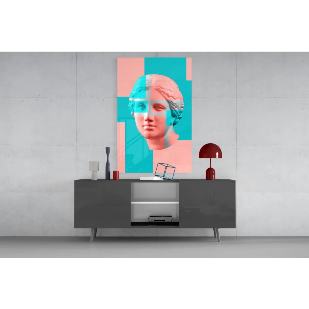Vibrant pop-art geometric marble bust wall art canvas in pink and teal