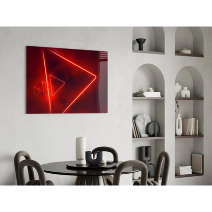 Vibrant red neon triangle glass wall art with glowing lines