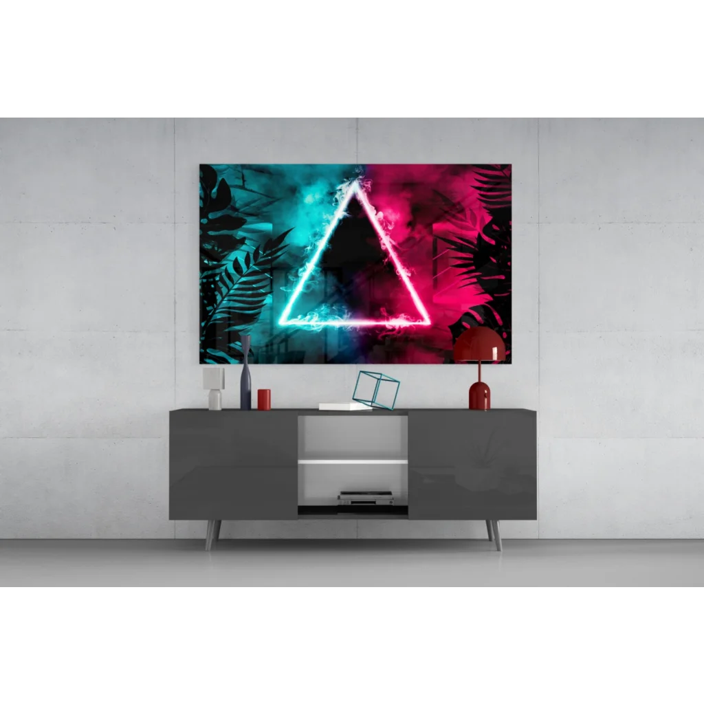 Vibrant neon triangle glass wall art with teal magenta foliage