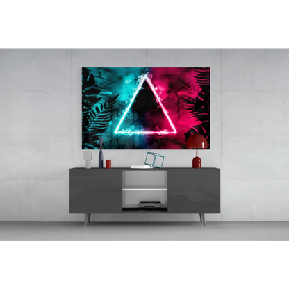Vibrant neon triangle glass wall art with teal magenta foliage