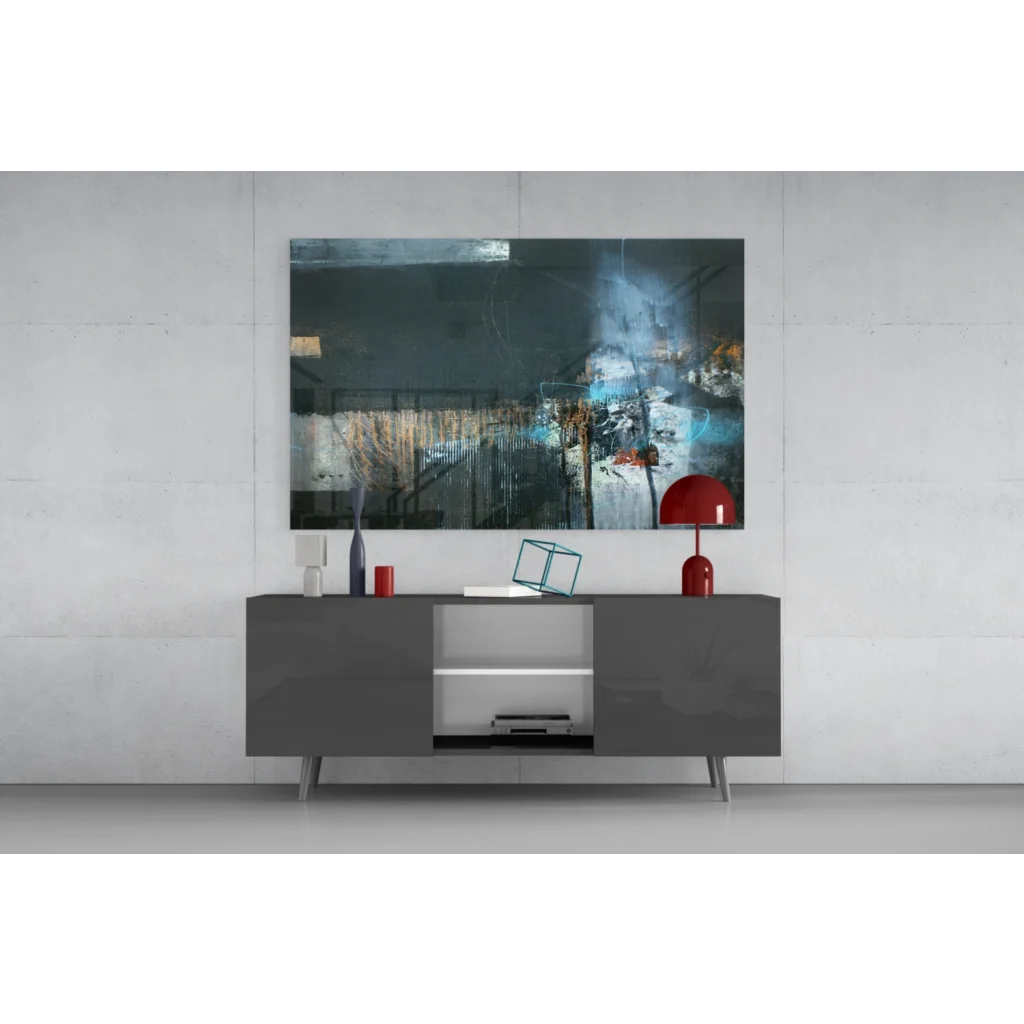 Sleek gray sideboard with bold abstract wall art and gold accents