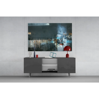Sleek gray sideboard with bold abstract wall art and gold accents