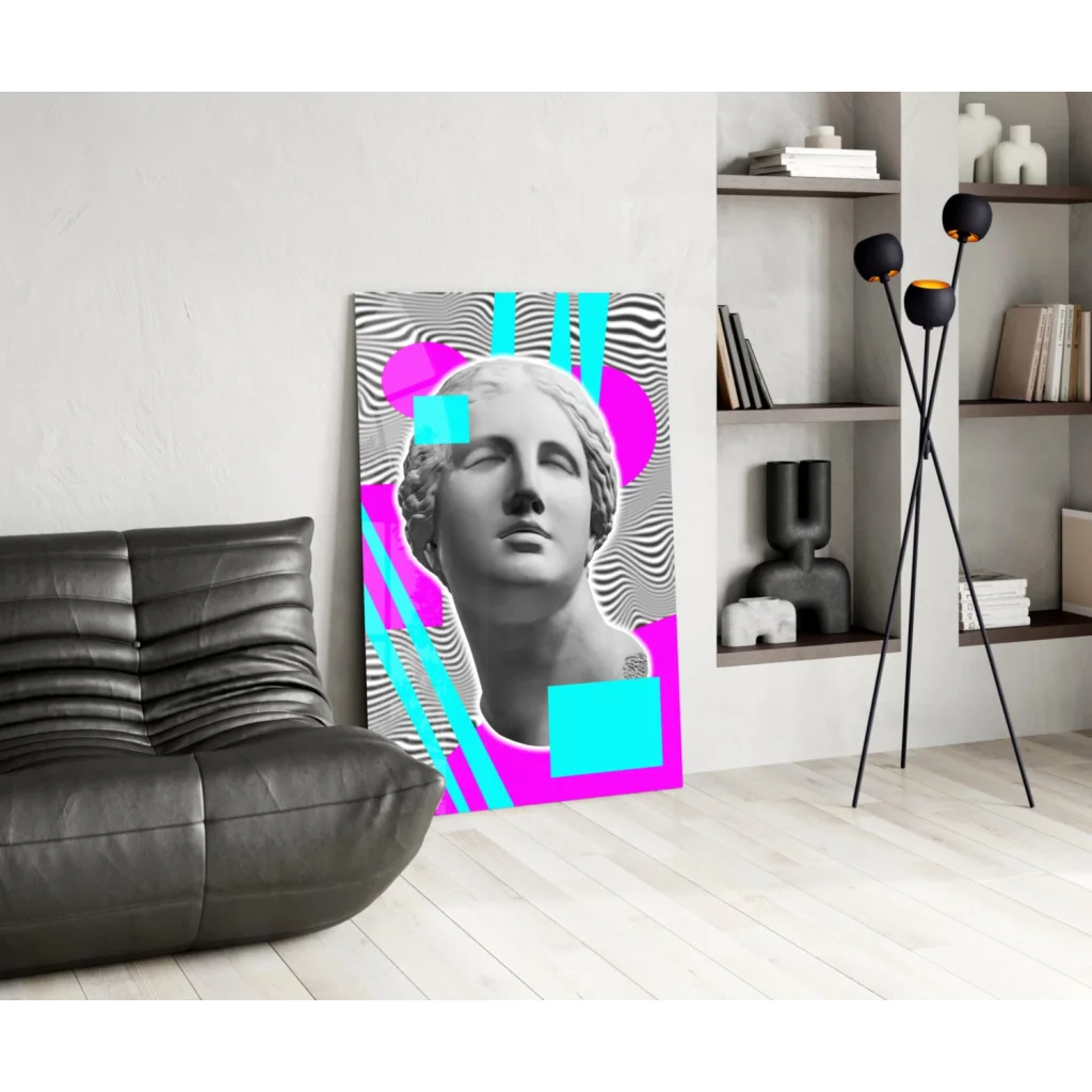 Vibrant pop art marble bust glass wall art with neon geometric design