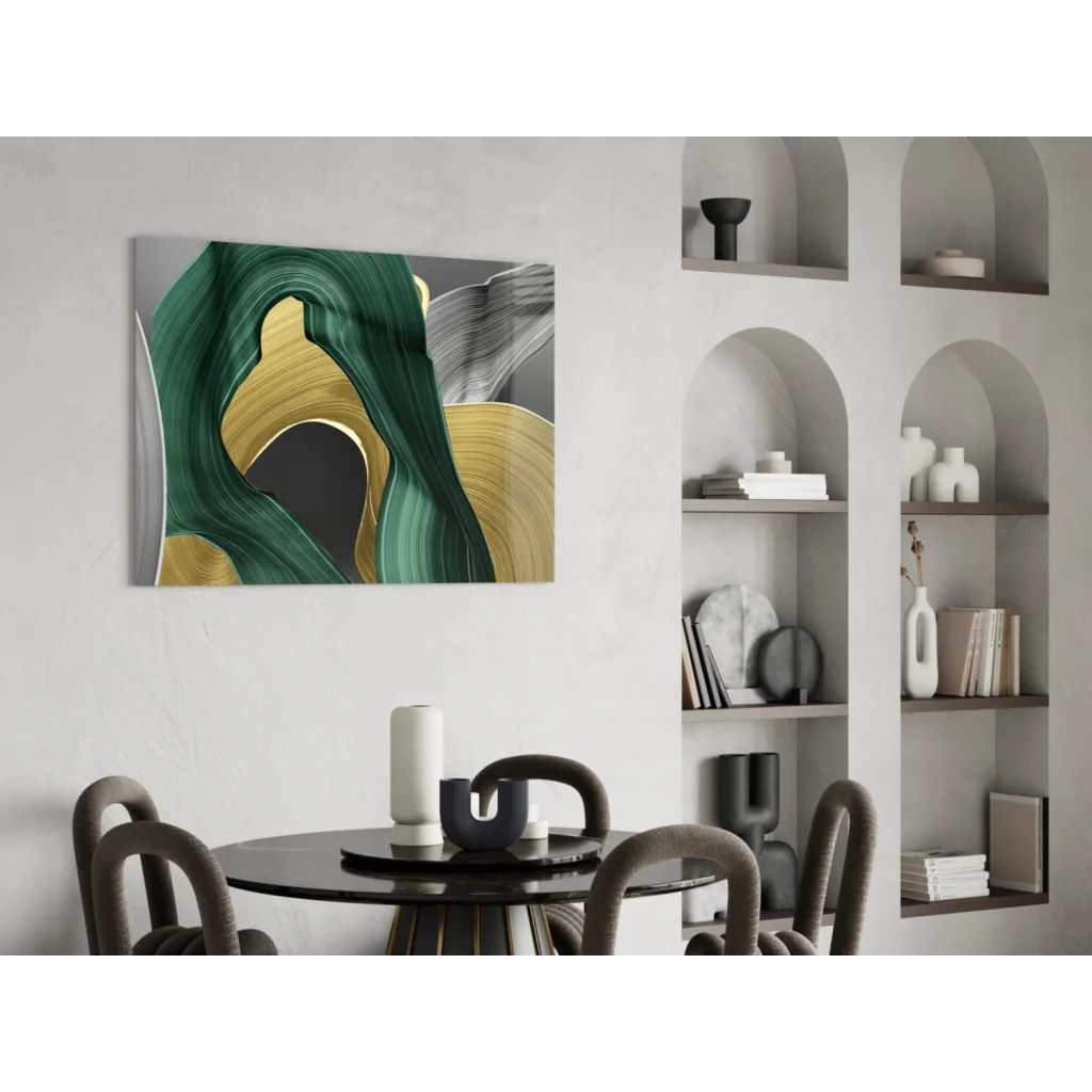 Modern green gold swirl canvas wall art painting with abstract patterns