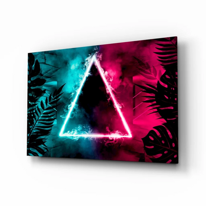 Neon triangle glass wall art with glowing cyan pink edges on tropical leaves