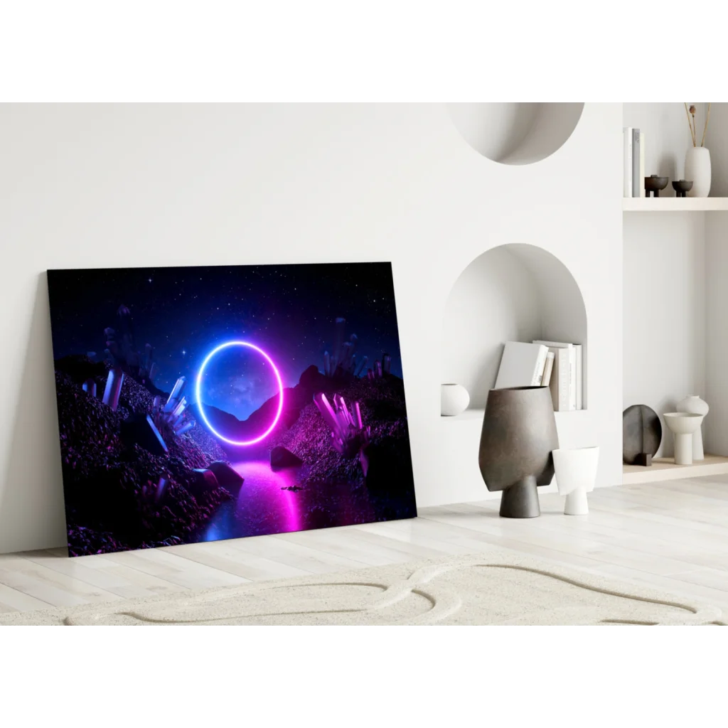 Vibrant neon purple blue ring on tempered glass wall art print