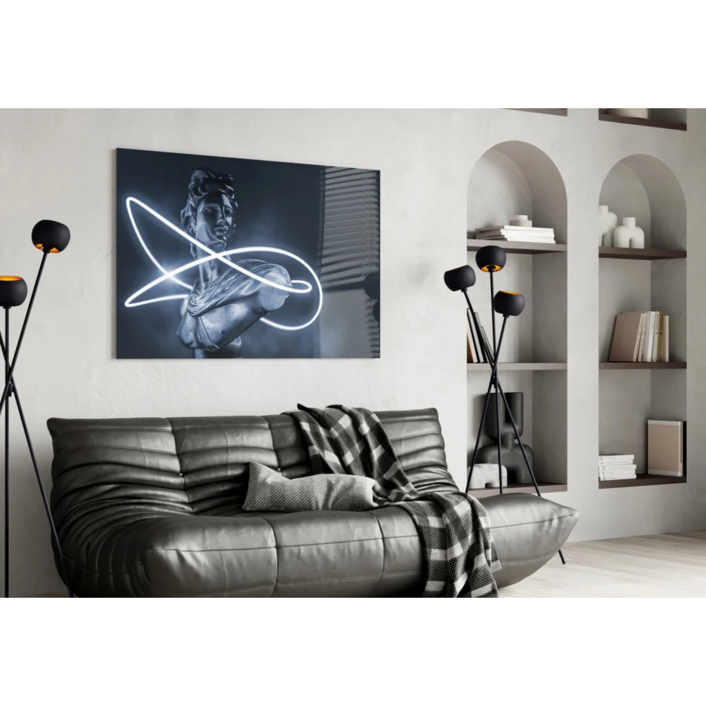 Black and white neon infinity statue wall art canvas with glowing swirls