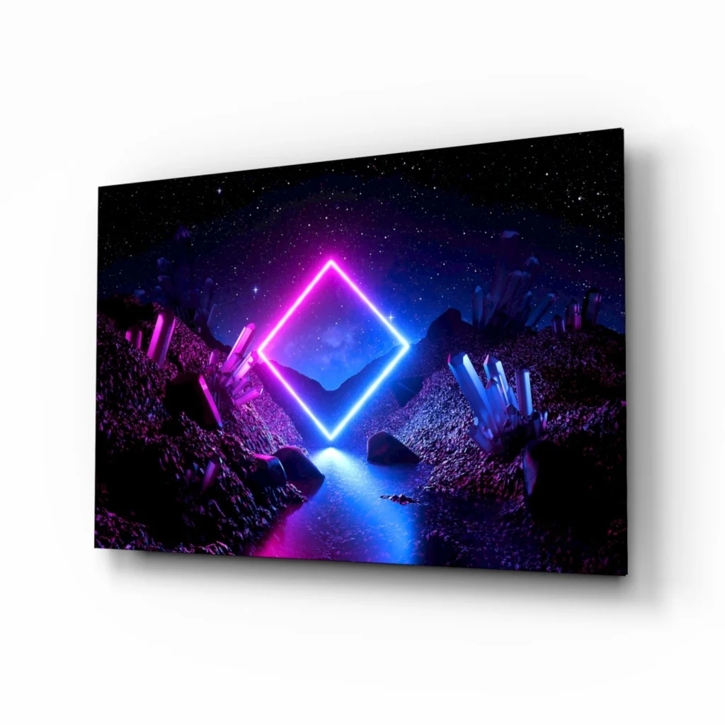 Neon pink and blue geometric portal on tempered glass wall art