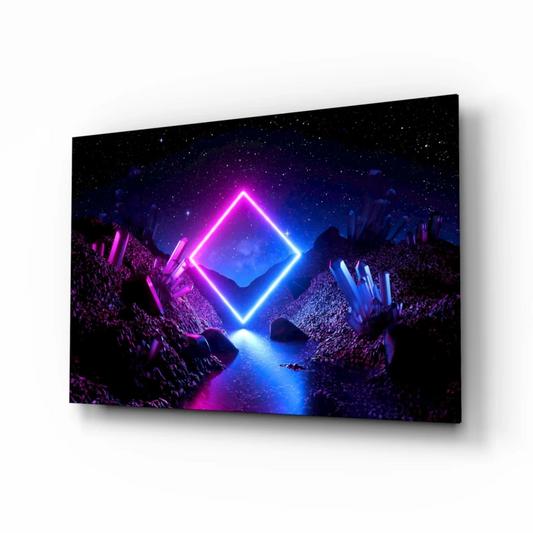 Neon pink and blue geometric portal on tempered glass wall art
