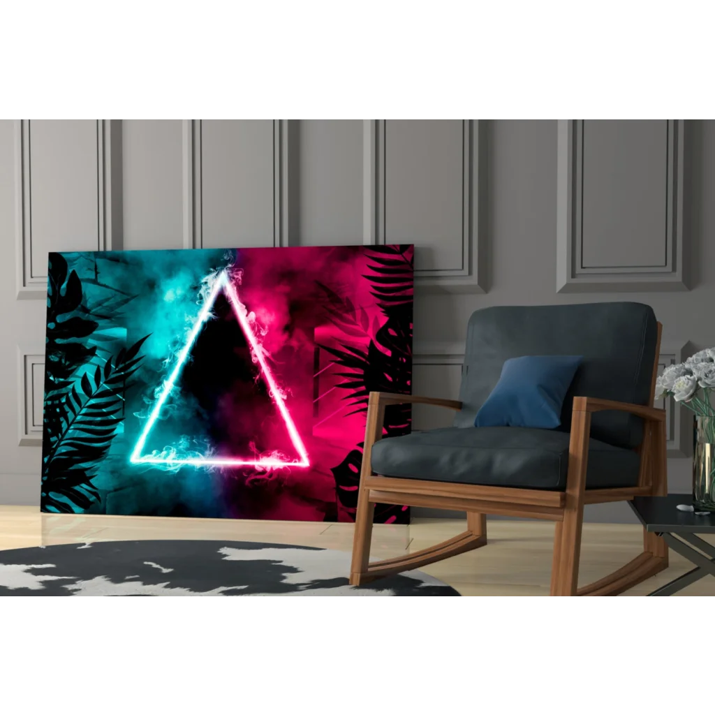 Vibrant neon triangle glass wall art with glowing pink cyan edges on tropical leaves