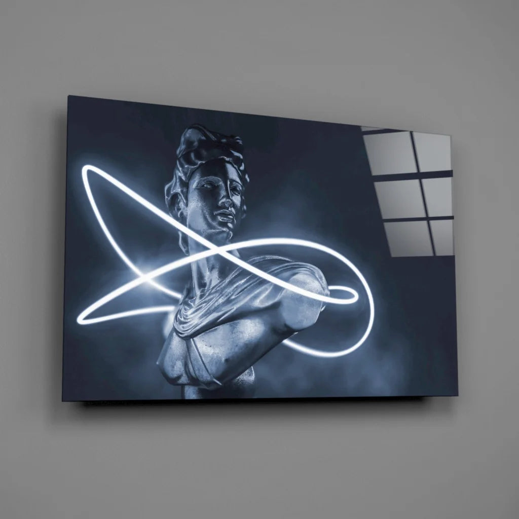 Sleek black canvas wall art with glowing neon infinity statue design