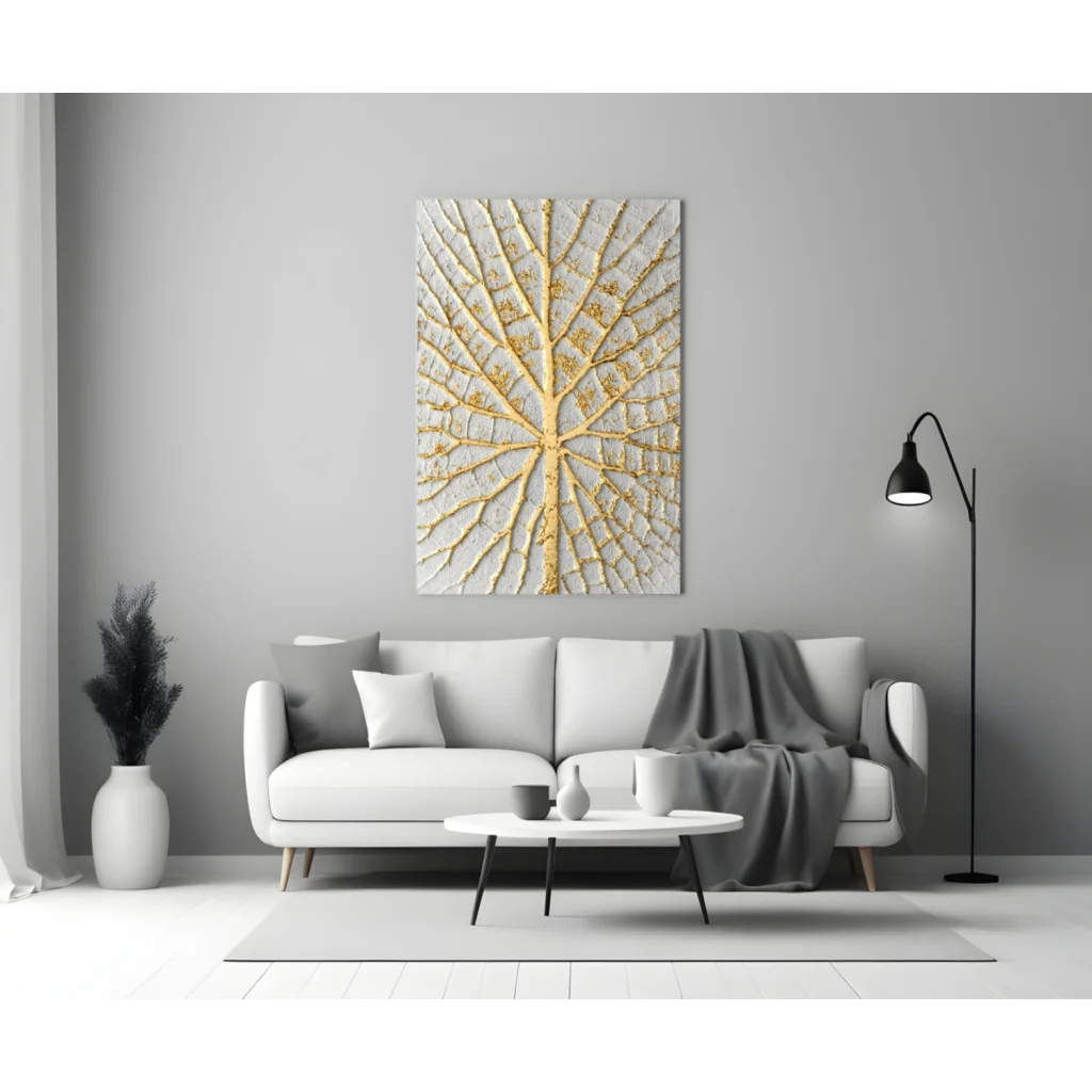 Golden tree canvas wall art with textured leaf design