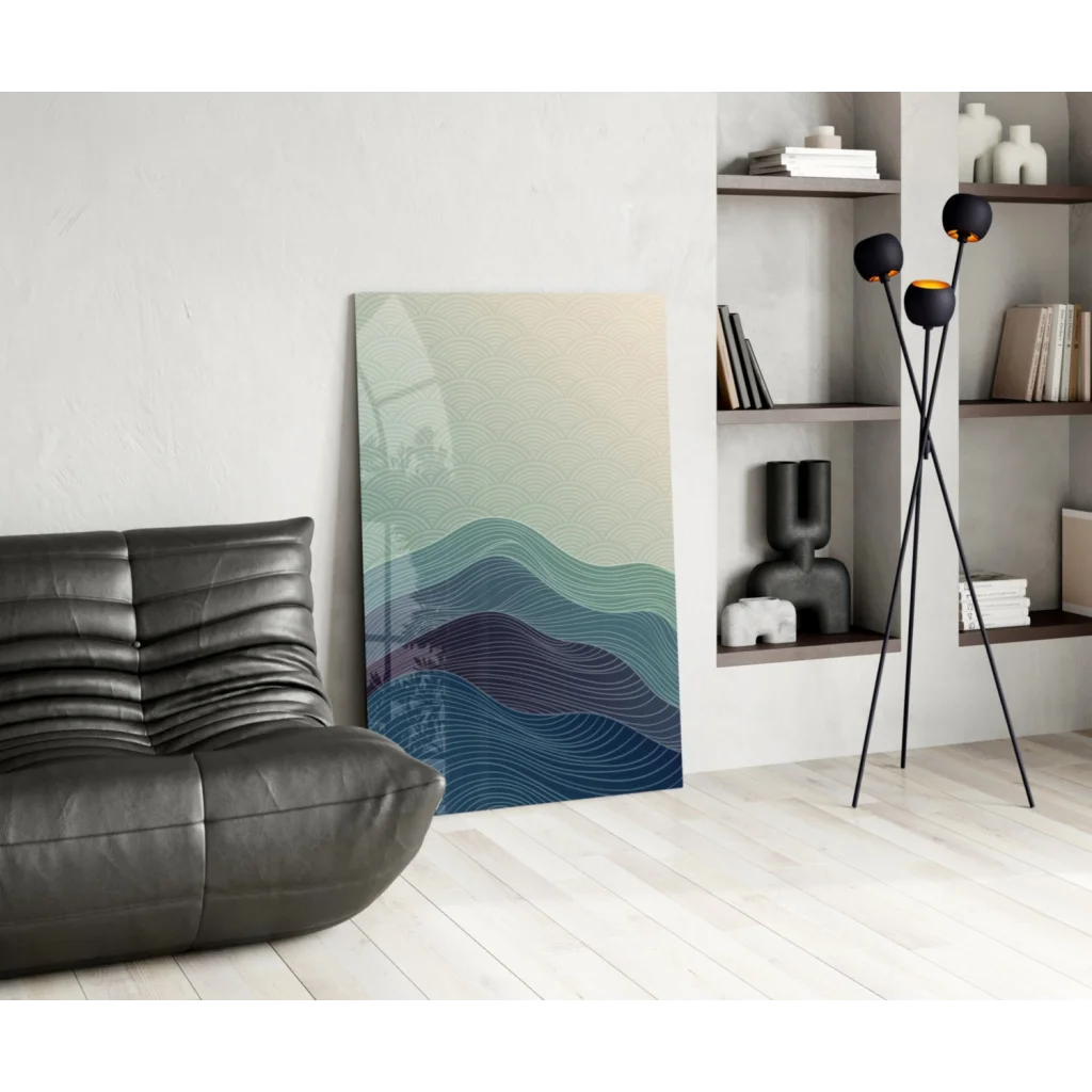 Stunning teal wave glass wall art panel with abstract wavy lines