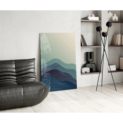 Stunning teal wave glass wall art panel with abstract wavy lines