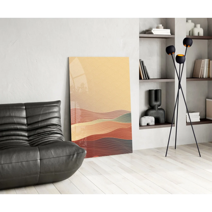 Modern flowing waves abstract glass wall art in warm earth tones