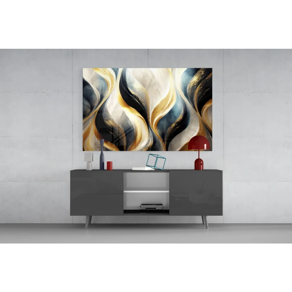 Luxe Gold Wave abstract canvas wall art with metallic shimmer in gold, black, cream swirls