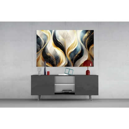 Luxe Gold Wave abstract canvas wall art with metallic shimmer in gold, black, cream swirls