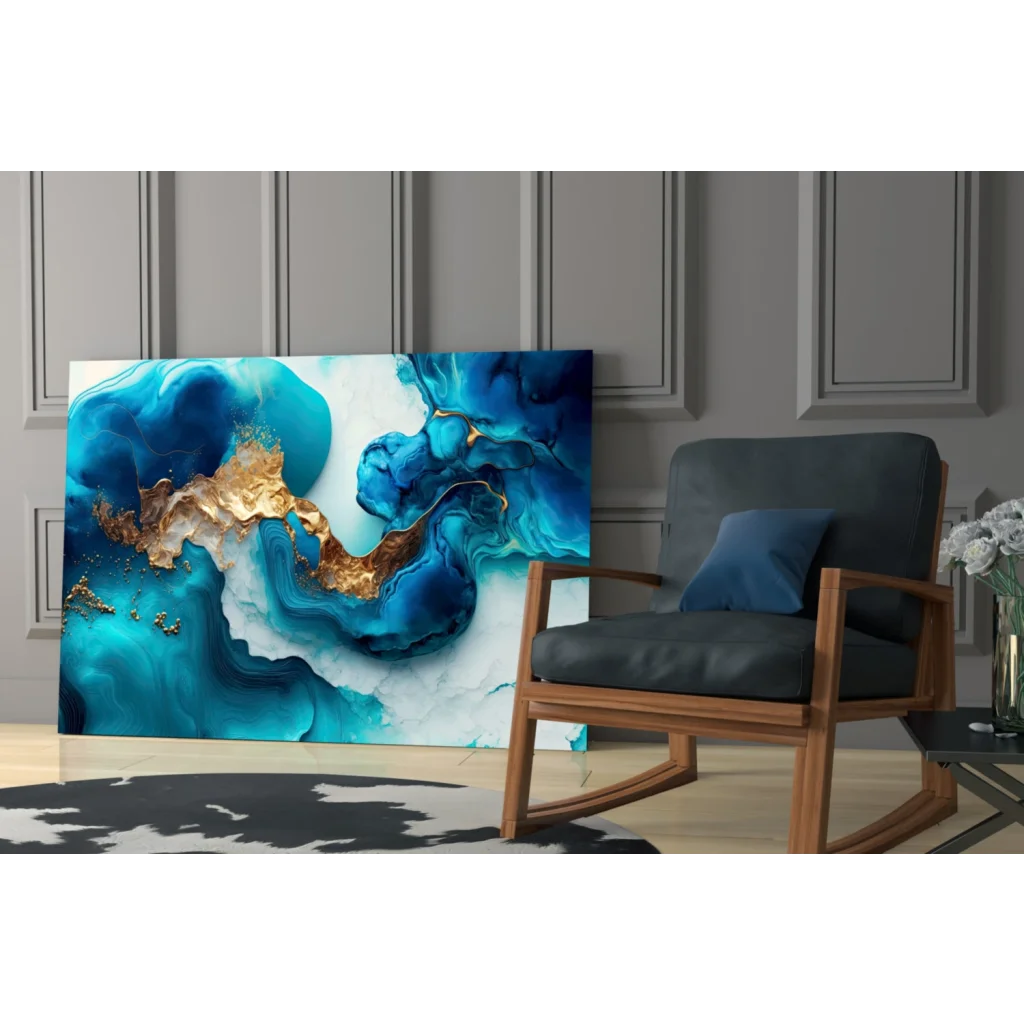Vibrant blue and gold glass wall art with swirling marbled patterns
