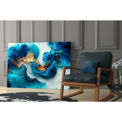 Vibrant blue and gold glass wall art with swirling marbled patterns