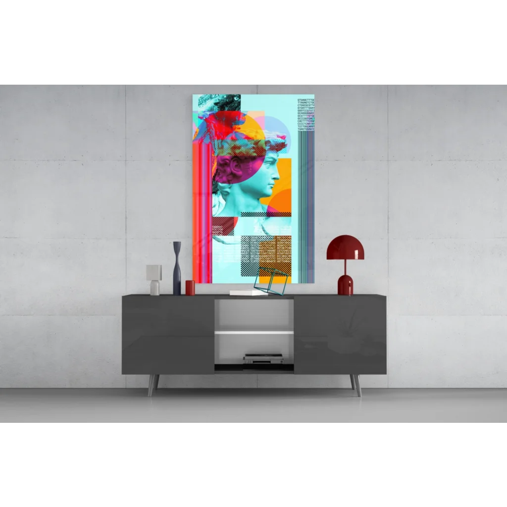Vibrant Neon Classical Bust glass wall art with bold geometric shapes