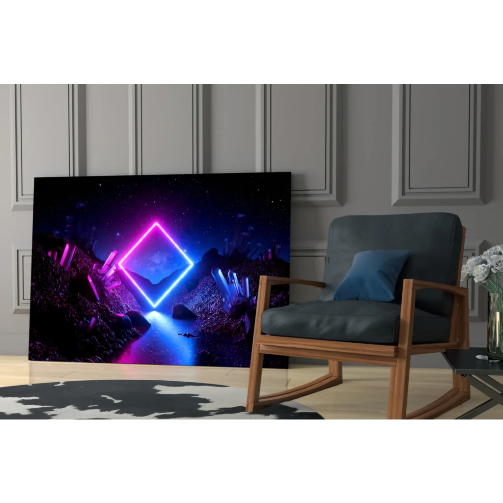 Vibrant neon portal in purple blue on tempered glass wall art with cosmic crystals