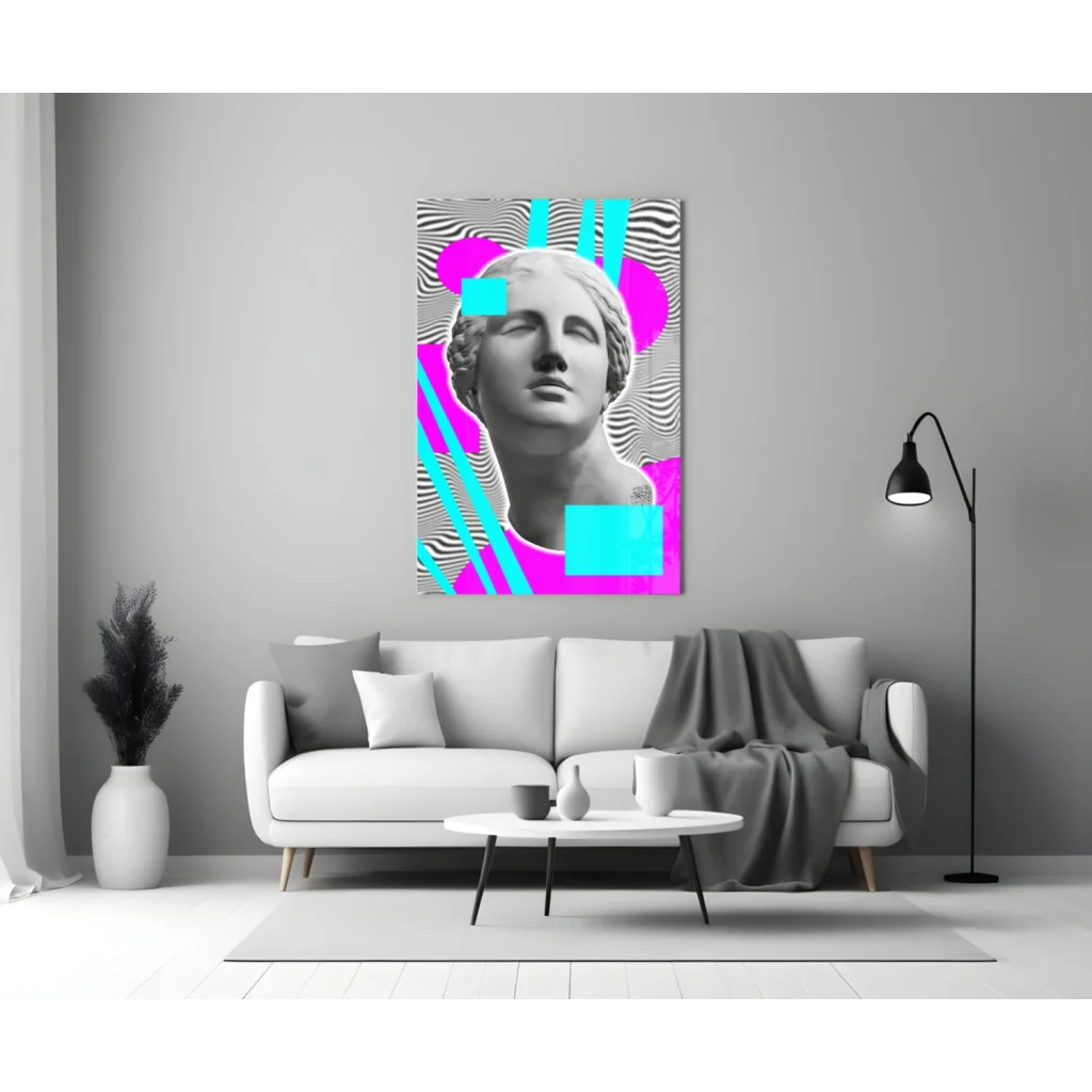 Vibrant pop art marble bust on glass wall art with neon geometric design