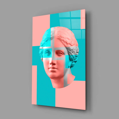 Modern geometric marble bust wall art canvas in teal and pink