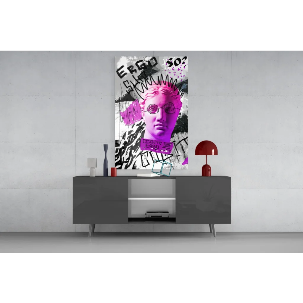 Vibrant pink black graffiti bust with glasses glass wall art canvas