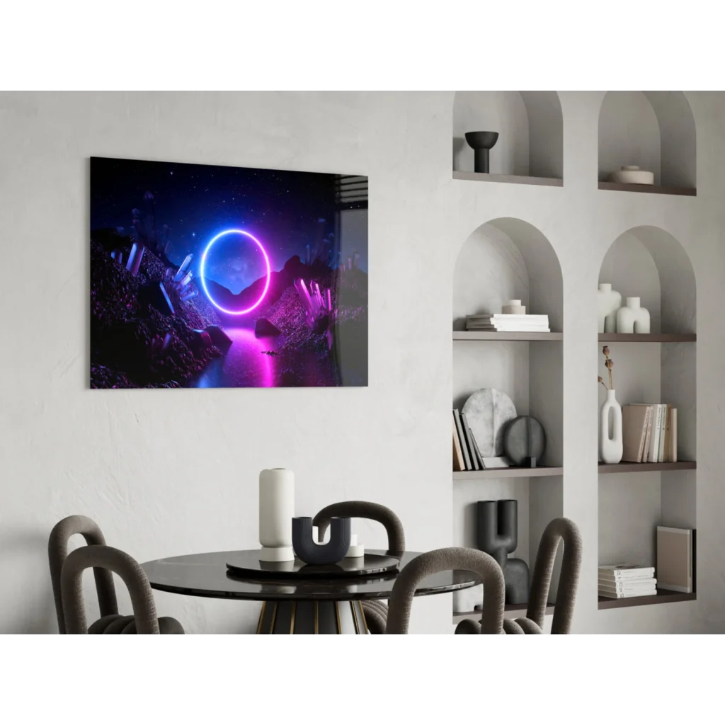 Vibrant neon blue pink ring over crystals in tempered glass wall art