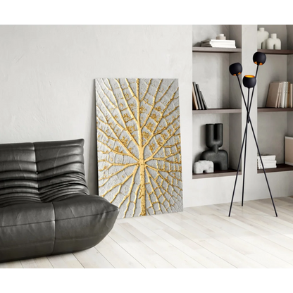 Textured gray and gold leaf glass wall art with intricate vein patterns