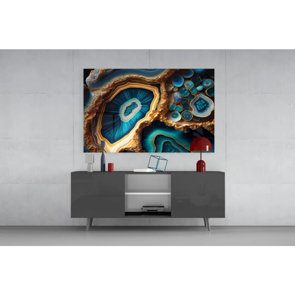 Vibrant blue and gold agate geode in stunning glass wall art for home decor