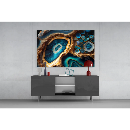 Vibrant blue and gold agate geode in stunning glass wall art for home decor