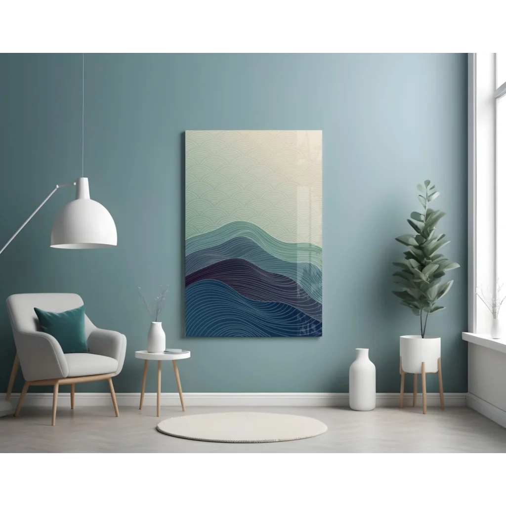 Stunning teal wave glass wall art panel with abstract wavy lines in blue to cream