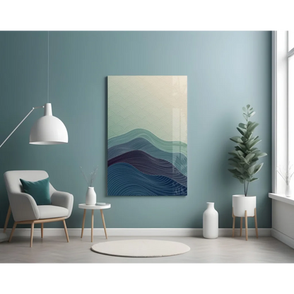 Stunning teal wave glass wall art panel with abstract wavy lines in blue to cream
