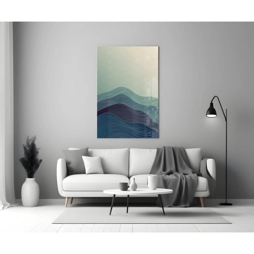 Stunning teal wave glass wall art panel with flowing abstract patterns