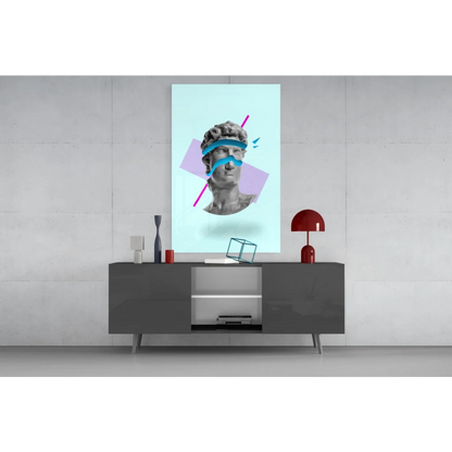 Modern glass wall art of gray marble David bust with pink purple geometric shapes