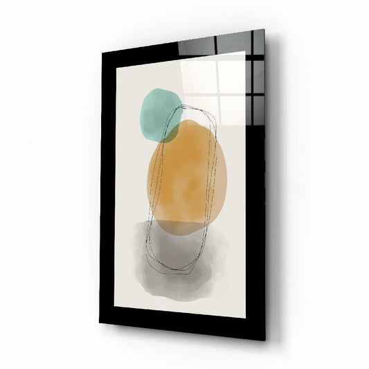 Modern abstract wall art print in black frame with teal ochre tones