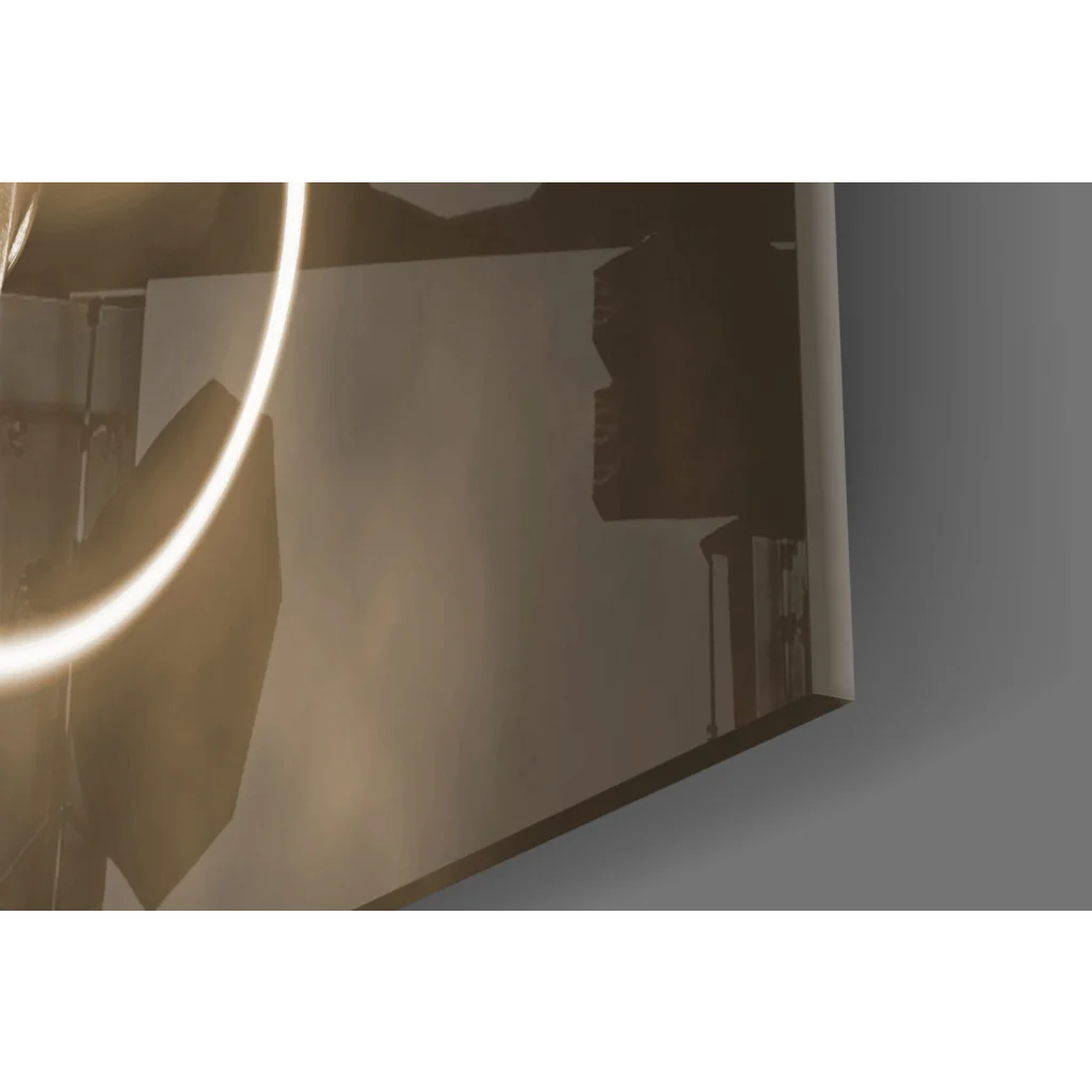 Sleek glowing neon ring wall art in modern glass wall design