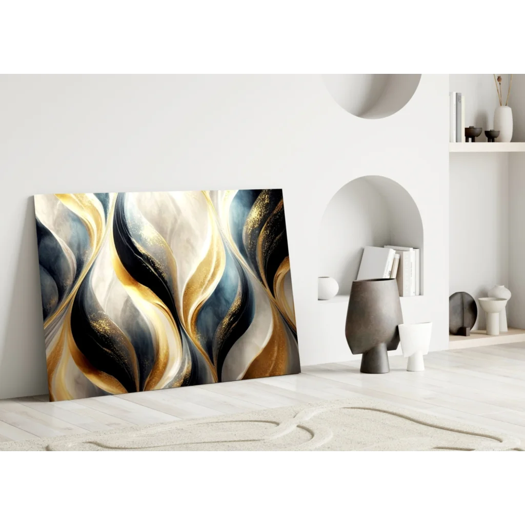 Luxe Gold Wave abstract canvas wall art with glossy metallic shimmer