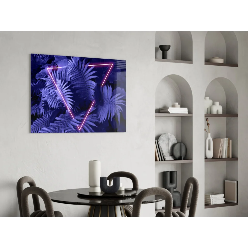 Vibrant purple ferns in glowing pink neon triangles on glass wall art print