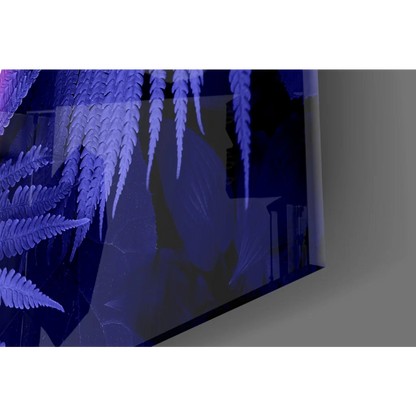 Sleek glass wall art print of cascading purple and blue fern leaves