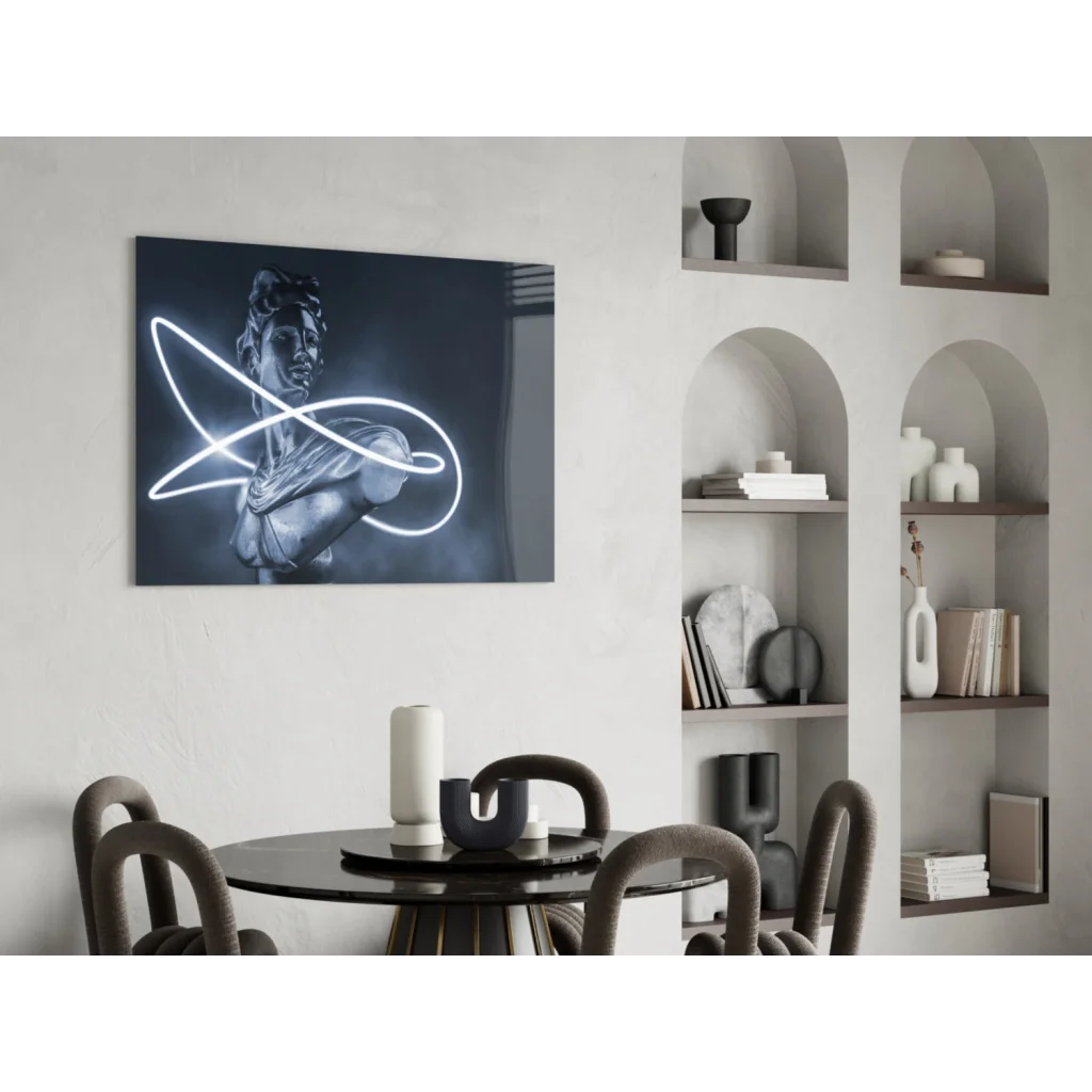 Black neon statue canvas wall art with glowing abstract design