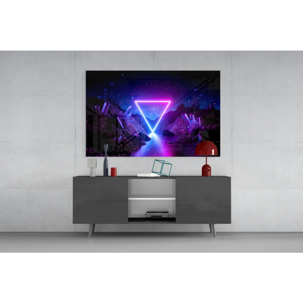 Vibrant neon triangle glass wall art in purple and blue hues on console