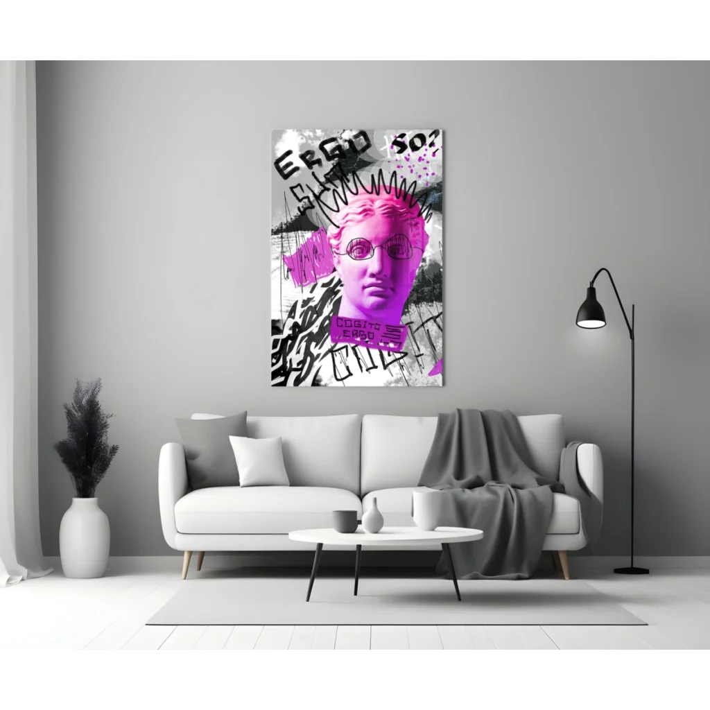 Vibrant pink graffiti bust with glasses glass wall art canvas print