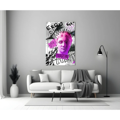 Vibrant pink graffiti bust with glasses glass wall art canvas print