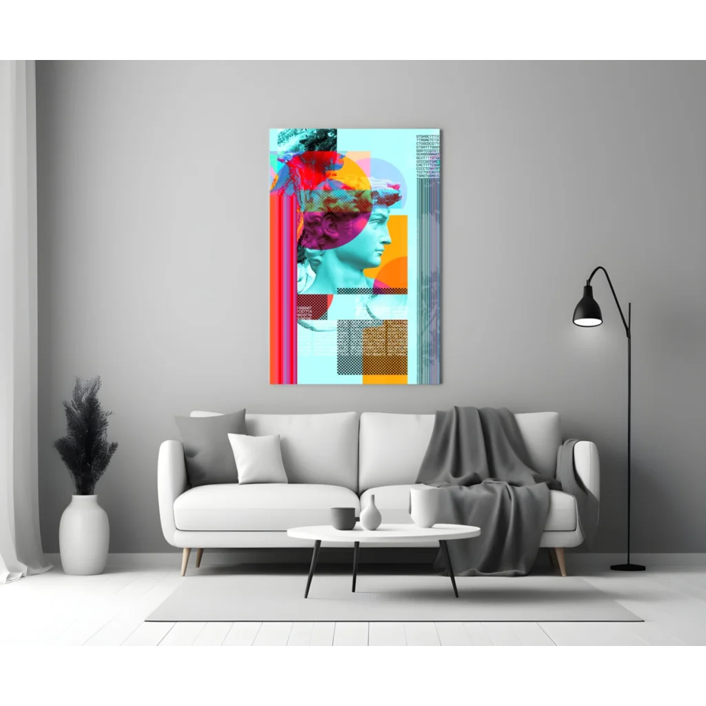 Vibrant neon classical bust glass wall art with bold geometric shapes