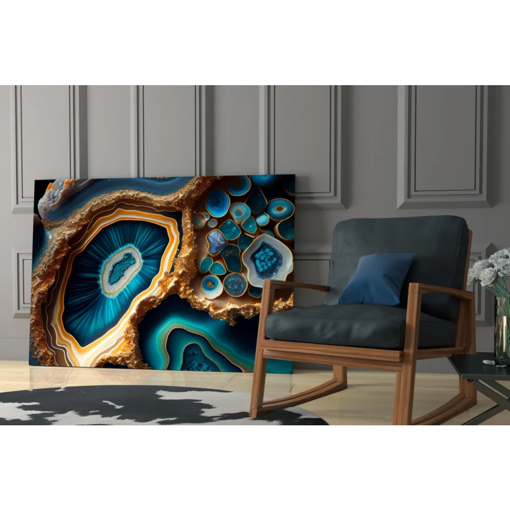 Vibrant blue and gold agate geode glass wall art with intricate patterns