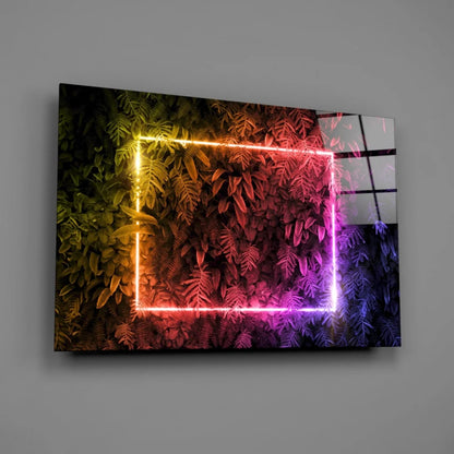 Vibrant neon glow glass wall art with tropical ferns